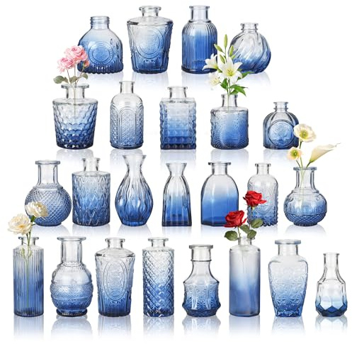 Kleine Vasen für Tischdeko, Vintage Mini Blumenvasen, Glasvasen für Hochzeit, Babyparty, Wohnungsdeko, Kleine Dekovasen für Blumen Pflanzen oder Geschenk,Blau 24er Set