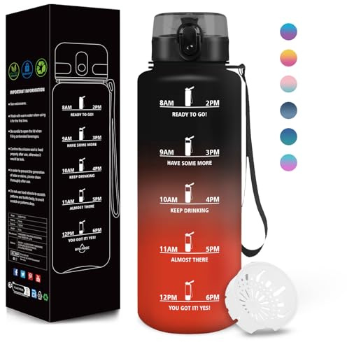 Motswedi Gourde, 1500ml Sans BPA, Gourde Plastique, Conception de Verrouillage Anti-Fuite, Bouteille, Avec Horodatage, Bouteille Motivation pour Salle de Sport, En cours d'exécution - Noir&rouge