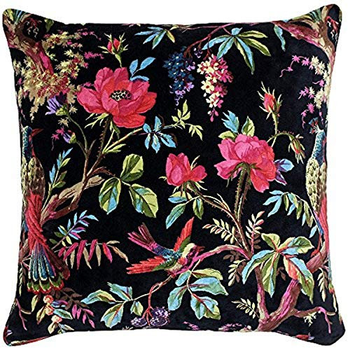 Paoletti Paradise Quadratischer Kissenbezug - Schwarz Bunter Vogel-Print Samtiger Baumwollstoff (50 x 50 cm, 1 Stück)