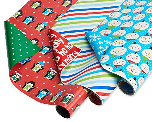 American Greetings Wende-Geschenkpapier, Weihnachten, gestreift, blaue Schneemänner und rote Pinguine (3 Rollen, 120 m²)