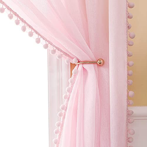 MIULEE Rideau Voilage à Pompons-Voilage Rose a Oeillets Lot de 2 (2XL140 x H 260 cm), Beaux Rideaux Décoratif Chambre Bebe Fille, Voilage Fenetre Intérieurs Salon, Rideau avec Boule Peluche