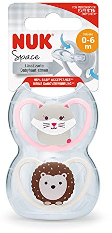 NUK Space Baby Schnuller | 0-6 Monate | Schnuller mit extra Belüftung | BPA-freies Silikon | verschiedene Farben (Design nicht wählbar) | 2 Stück