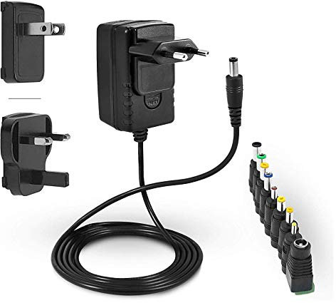 LEICKE Fuente de alimentación ULL 12V 2A | 2000mA | Certificación TÜV | Cargador 24W con 9 Cabezales de Adaptador Diferentes para Dispositivos electrónicos pequeños: LCD, Router WLAN, Interruptor