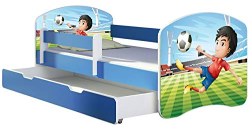 ACMA Kinderbett Jugendbett mit Einer Schublade und Matratze Blau mit Rausfallschutz Lattenrost II 140x70 160x80 180x80 (13 Fußballer, 160x80 + Bettkasten)