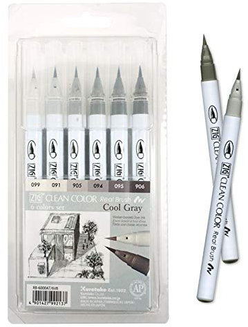 Kuretake ZIG CLEAN COLOR Real Brush 6 colors set, Flexible Brush Pen, Made in Japan (Cool Grey)
