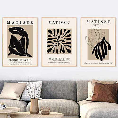 Yangmanini Henri Matisse Abstrakte Malerei Minimale Illustration Wandkunst Leinwanddrucke Vintage Poster Beige Bilder Wohnkultur19.6 x 27.5 (50x70cm) x3 Kein Rahmen