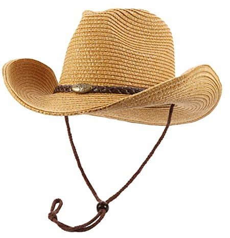EOZY Chapeau de cowboy occidental avec ficelle pour homme et femme - Pliable - Protection solaire - Chapeau de plage avec large bord, kaki, 7/7 1/4
