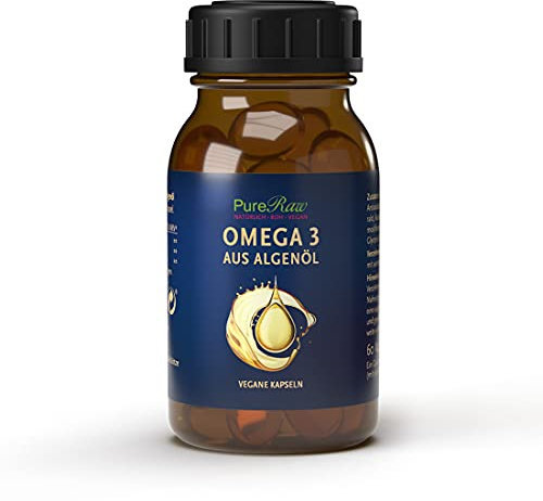 Algenöl Omega 3 Kapseln Vegan Pflanzlich - Algen Öl Essentielle Fettsäuren 604mg Omega3 pro Tag, 140mg EPA, 420mg DHA - Rein & Kontrolliert - Algae Oil Capsules | PureRaw 60 Kapseln
