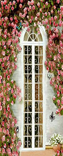 A.Monamour Türtapete Selbstklebend Türfolie Türposter 3D Rosa Blumen Um Das Fenster Vinyl Folie Türdeko Tapete Wandbild Türaufkleber Türtattoo 90 x 200 cm