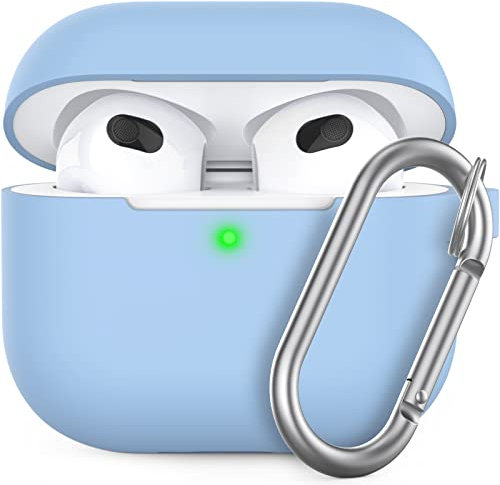 AHASTYLE AirPods 3-Hülle, aus weichem Silikon, integrierte Stoßfest, für Apple AirPods 3. Generation 2021 (Himmelblau, mit Karabiner)