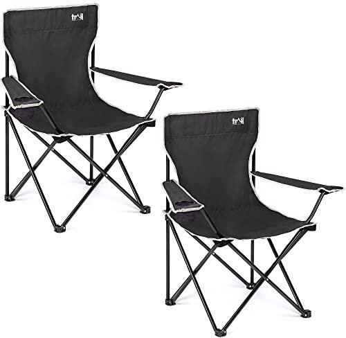 Trail Black Camping Chair Lightweight Folding Cup Holder Carry Bag 100kg Capacity (2 x Chairs)