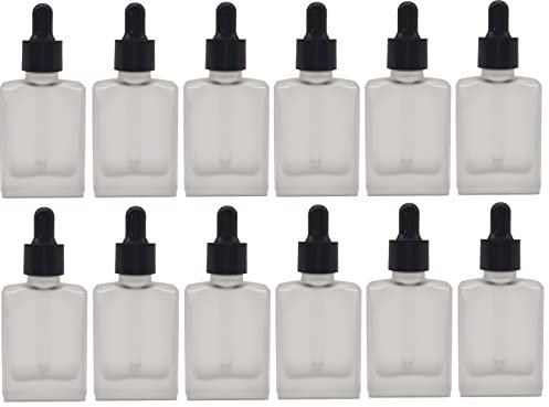 12PCS 1 oz Small Empty Essential Oil Drop Bottle 30ml Square Essence Glass Dropper Bottles Frosted Lab Dropping Serum Container (Matte clear)