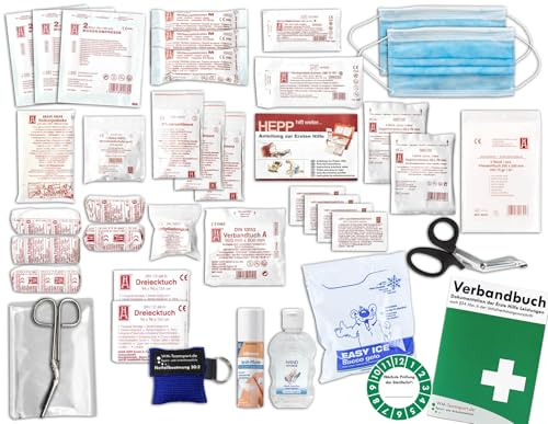 Komplett-Füllung Erste-Hilfe nach AKTUELLER DIN/EN 13 157 PLUS 4 für Betriebe mit Sprühpflaster, Hygiene-Gel, Notfallbeatmungshilfe & Verbandbuch