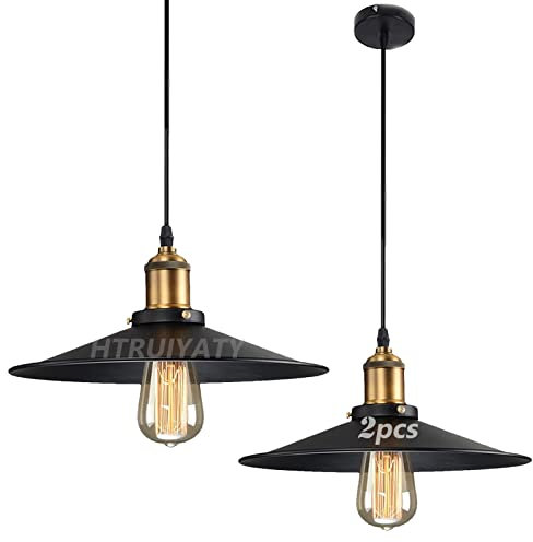 HTRUIYATY 2er Pack Vintage Pendelleuchte Beleuchtung Suspension Industrie Lampenschirm Retro E27 Deckenleuchte Schwarz Hängeleuchte 26 cm
