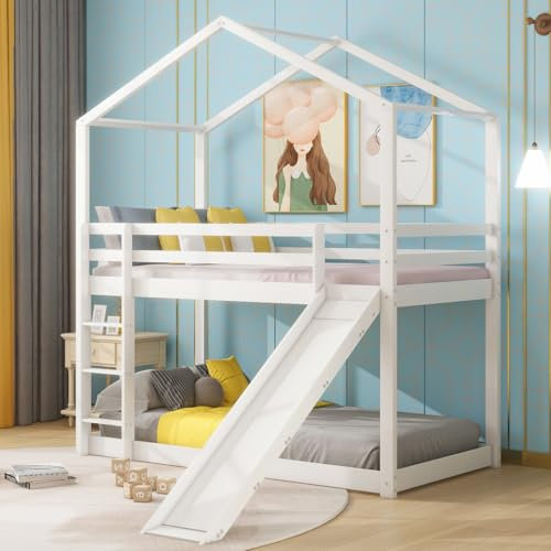 Letto per bambini 90 x 200 cm, letto a castello basso con scivolo, telaio a castello in legno massiccio con rete a doghe (bianco)
