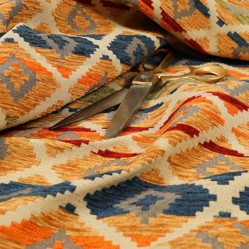 Redbrick Mill Fabrics Moderner kleiner Kelim-Vorhangstoff mit Aztekenmuster, orange-grün, Chenille, als Meterware (pro Meter)