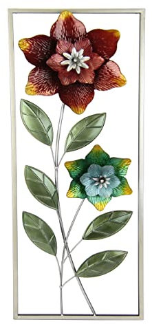Flair Flower Wanddeko Metall Wandskulptur Blumen Blätter Metallbild Wandbild Wandschmuck Blume Bild 3D Skulptur Einzigartig Deko Terrassendeko Wandrelief Abstrakt Extravagant Blüten, Rot, ca.74x28 cm