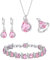 EVER FAITH 4 Stück Tropfen Cubic Zirconia Schmuck Set Glamour Anhänger Halskette Ohrringe Tennis Armband und Offener Ring für Damen Hochzeit Party Rosa Silber-Ton