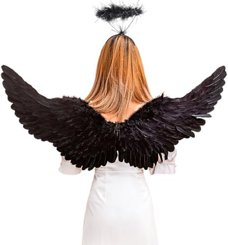 YIMOJOY Alas de ángel Negro con halo,75CM alas de ángel Traje de los niños alas de ángel para Las niñas, Las alas de Plumas de ángel para Halloween Carnaval Cosplay Fiesta de Disfraces Partido