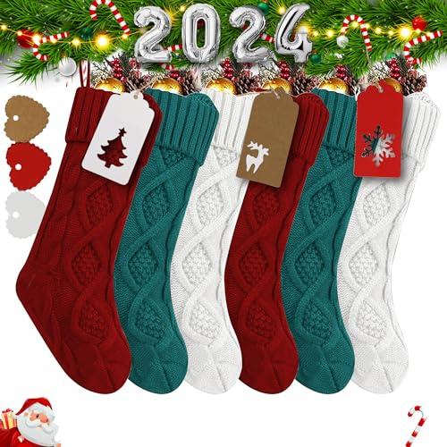Große Weihnachtsstrümpfe, 4 Stück, rot, weiß, grün, burgunderrot, elfenbeinfarben, dehnbar, gestrickt, Weihnachtsstrümpfe mit 50 personalisierten Geschenkanhängern für Familie, Urlaub (6pcs knitted)