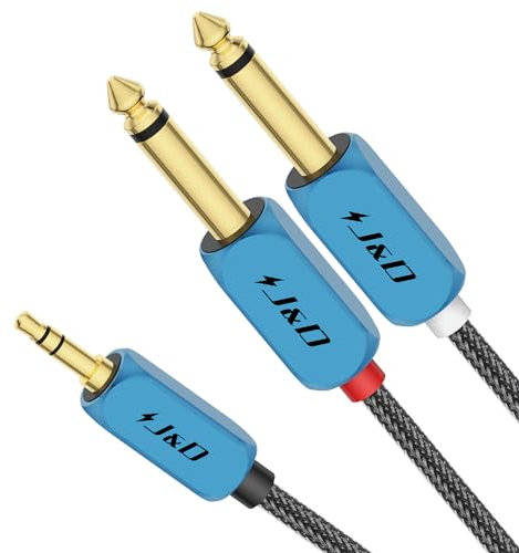 J&D Divisor de Cable y de 3,5 mm a Doble 6,35 mm, Cable de TRS Macho a Doble TS Macho para Amplificadores/Grabadoras de Audio, con Carcasa de Aleación de Aluminio dorada y Trenzado de Nylon, 4.5 M