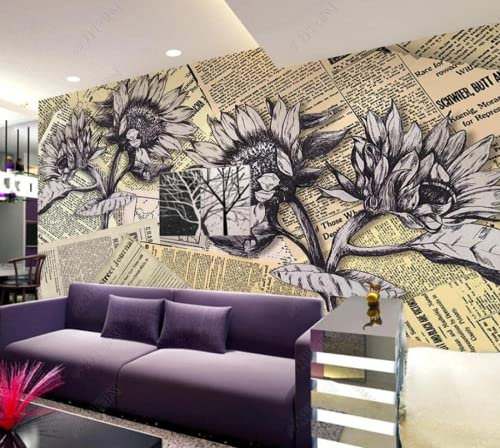 Papier Peint Panoramique Fleurs Vintage Vieux Journal Papier Peint Intissé 3D Tapisserie Poster Decoration Murale Chambre Salon
