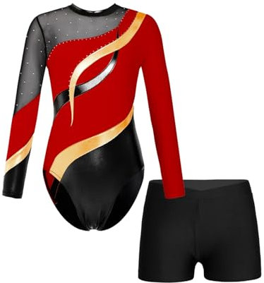 Oyolan Mädchen Kinder Gymnastikanzug Turnanzug Glitzernde Gymnastikbody Langarm Turntrikot mit Kurze Hose Tanzkostüm Rot 158-164