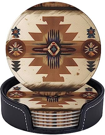 Runde Untersetzer mit Indianer-Muster, 6 Stück, Leder-Getränkeuntersetzer mit Ständer, für Zuhause, Küche, Dekoration, 9,9 cm