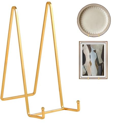 Large Plate Holder Display Stand - 10 inch Tall Plate Stands for Display - Metal Picture Frame Stand - Big Tabletop Easel Stand for Decorative Plates | Platter | Book | Plaque | Tile - 2 Pack - Gold