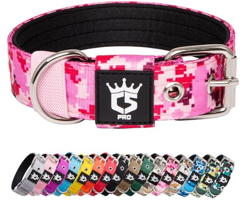 TSPRO Taktisches Hundehalsband, Robustes Halsband für Hunde mit Metallschnallenverschluss, 3,3 cm Breit, Verstellbar und Dick für Kleine Hunde (Camo Rosa S)