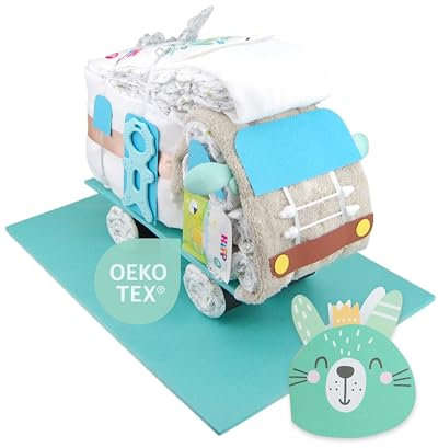 Windeltorte ® Wohnmobil [CAMPINGFANS]- - Geburtsgeschenke - Geschenk für das Baby - Taufgeschenk - Pullerparty - Pinkelparty - jetzt Torte kaufen (Mint/Neutral Unisex)