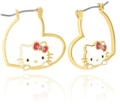 Sanrio Damen Hello Kitty Ohrringe, Gelbgold vergoldet Hello Kitty Herz Creolen Offizielle Lizenz Messing Kristall, Messing, Kristall