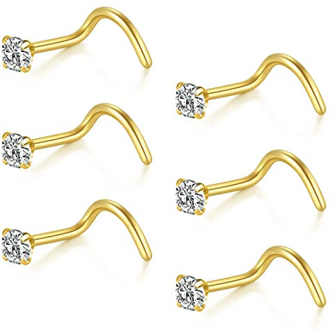FECTAS Nose Ring Screw Nose Stud 20G Corkscrew Nose Piercing Jewellery Stainless Steel 2.5mm Diamond CZ Gold