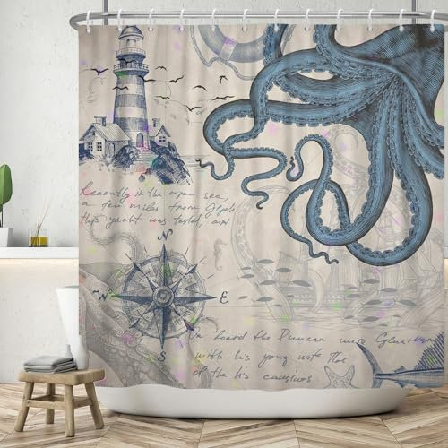 ASDCXZ Maritim Duschvorhang 180x200 cm, Maritim Nautische Tagebuch Leuchtturm Kompass Oktopus Waschbar Bad Duschvorhänge Polyester Textil Wasserdicht Duschvorhang für Badewanne mit 12 Haken