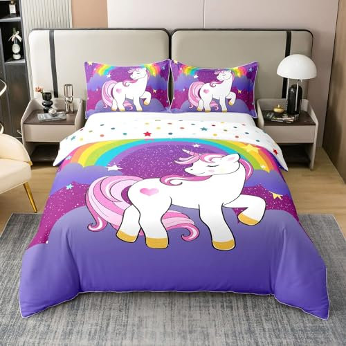 Homewish Filles Housse de Couette 240x260 Licorne en Coton, Ensemble de Literie pour Filles, Parure de Lit À Imprimé Licorne Arc-en-Ciel, Housse Couette Cartoon Kawaii pour Enfants, Doux