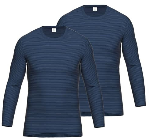 Ammann Herren Unterhemd langarm | Jeans Feinripp | 2er Pack (DE/NL/SE/PL, Alphanumerisch, L, Regular, Regular, Blau gestreift)