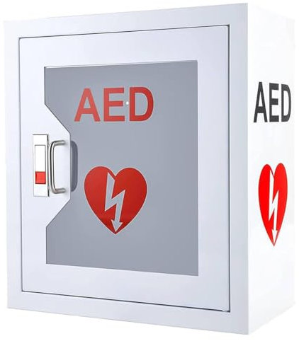 Wandmontierter AED-Defibrillator-Aufbewahrungsschrank, Aufbewahrungsschrank aus Metallstahlplatte mit Alarm-Notfall-Blitzlicht, türaktiviertem Alarm und Schlüssel, passend für die meisten AED-Modelle