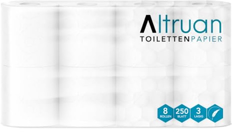 Altruan Toilettenpapier 3-lagig Weiß – Zellulose, 250 Blatt, 8 Rollen, Weiß - Extra Weich, Besonders Reißfest & Sehr Saugstark