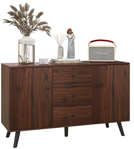 HOMCOM Aparador de Salón Aparador Buffet Mueble Auxiliar de Cocina con 2 Puertas y 3 Cajones para Comedor Dormitorio Oficina 127x40x76 cm Marrón