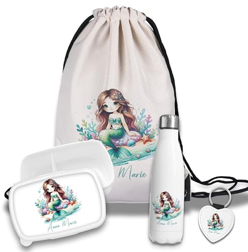 timalo Kinder Schulset Brotdose, Trinkflasche, Turnbeutel personalisiert mit Namen | Set Wasserflasche Edelstahl | Lunchbox mit Trennwand | Geschenk zur Einschulung & Kindergarten | 14 - Meerjungfrau