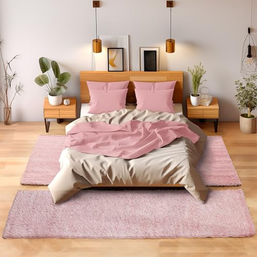 SIMPEX Tapis de chambre à coucher, de couloir, de cuisine, à poils longs, 3 pièces, bordure de lit, couleur unie, design moderne, doux, moelleux et extra doux, couleur : rose