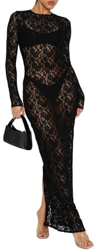 Betrodi Women Vintage Y2k Lace Maxi Dress Long Sleeve See Through Mesh Bodycon Dress Floral Lace Maxi Long Slip (A51 Black, M)