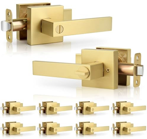Gaurqiah 10 Stück gebürstete goldene Sichtschutz-Türdrücker, quadratisch, schlüssellose Türgriffe für Innentüren, strapazierfähig, wendbar, Türdrücker für Schlafzimmer, Badezimmer, satiniertes Messing