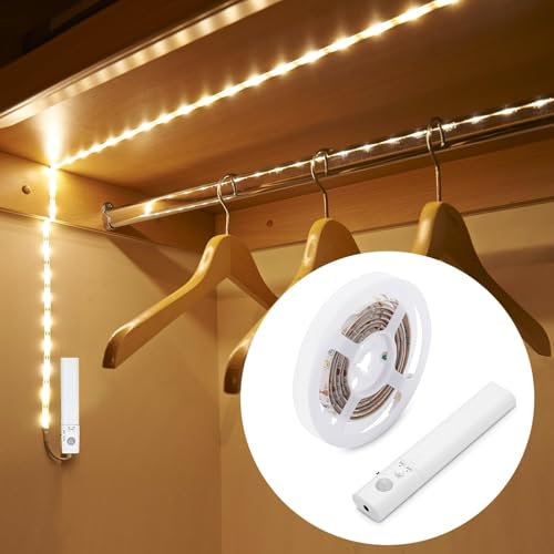 UNIKS 1.5M Tira Led Pilas AAA con Sensor Movimiento,Blanco Cálido 3000K,Tira de luz nocturna Iluminación para Interiores Escalera,Armario,Pasillo,Cocina