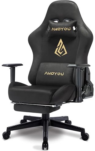 Andyou Silla de gaming, ajustable y giratoria con reposapiés, color negro