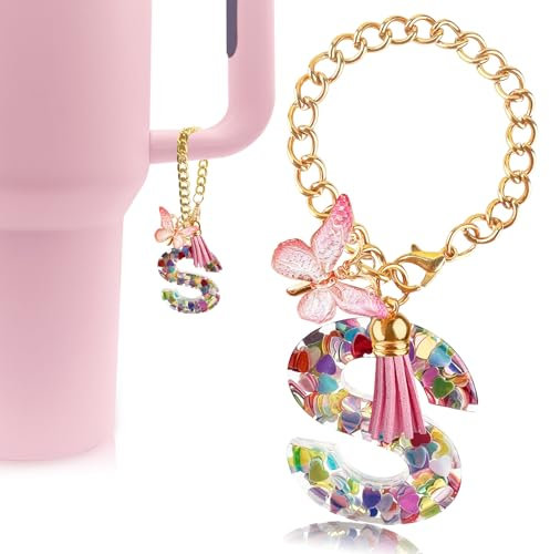 Velaco Letter Charm Accessories for Stanley Cup with Handle, Cute Initial Letter S Keychain Handle Charm with Butterfly for Stanley Tumbler for Women Girls