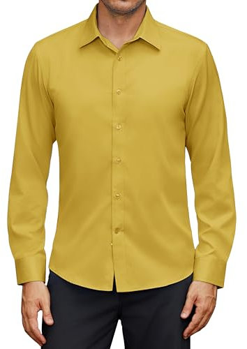 siliteelon Mens Shirt for Men Adult Yellow Long Sleeve Non Iron Mens Casual Dress Formal Business Work Shirts for Men M