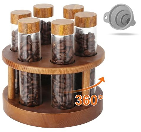 Coffee Bean Storage Glass Tubes Single Dose Rotating Single Dose Coffee Bean Storage Organizer Wooden Display Stand Dosing Glass Vials with Lids for Tea Coffee Spice coffee storage container 2oz