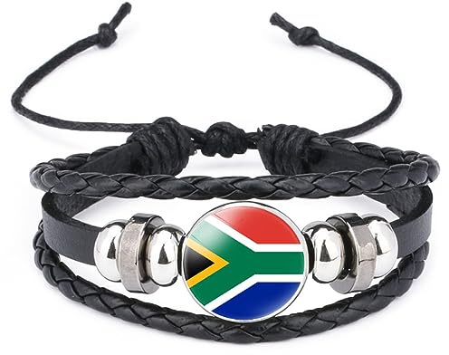 GONMFKM Modisches Geflochtenes Armband Mit Südafrika-Flagge – Glasanhänger, Mehrschichtiges Ledergeflecht, Unisex-Armband, Armreif Für Nationalfeiern, Schmuckzubehör, Schwarz, Lang 18 Cm