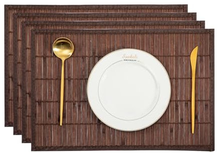 Tischsets Abwaschbare Tischset Bambus Platzset rutschfest, Schmutzabweisend, Wärmeisolierende Tischsets Korrosionsbeständig Platzsets für den Küchentisch 4er-Set (Dunkelbraun)